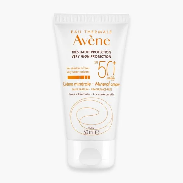 Tube blanc Avène crème solaire minérale SPF50+ 50 ml sans parfum