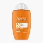 Flacon orange à bouchon blanc Avène Ultra Fluid invisible SPF50 50 ml