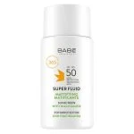 Flacon blanc Babé Super Fluide solaire matifiant SPF50 à la niacinamide