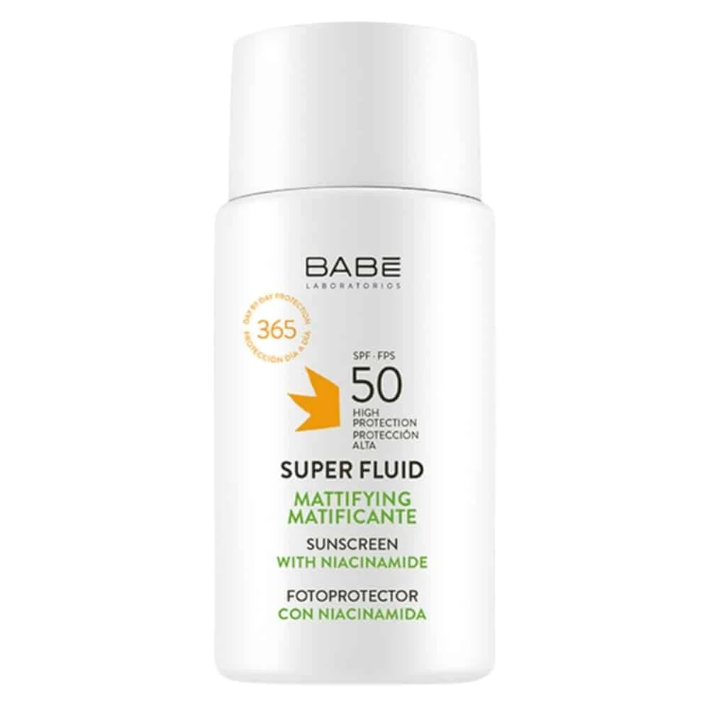 babe-super-fluide-solaire-matifiant-spf50-50ml.jpg Flacon blanc Babé Super Fluide solaire matifiant SPF50 à la niacinamide