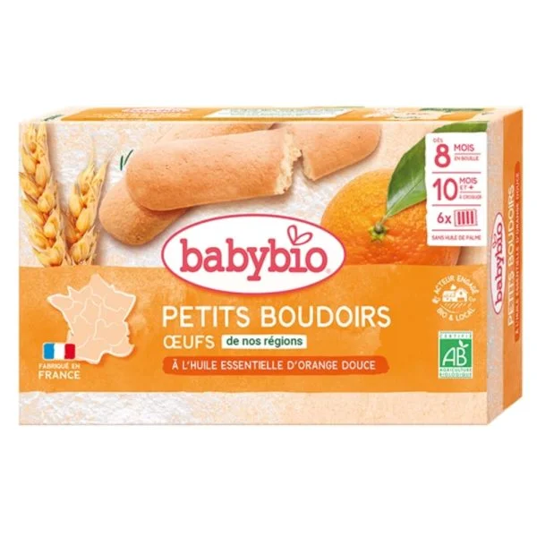 Boîte orange de biscuits Babybio Petits Boudoirs aux œufs, six sachets, certifiée AB