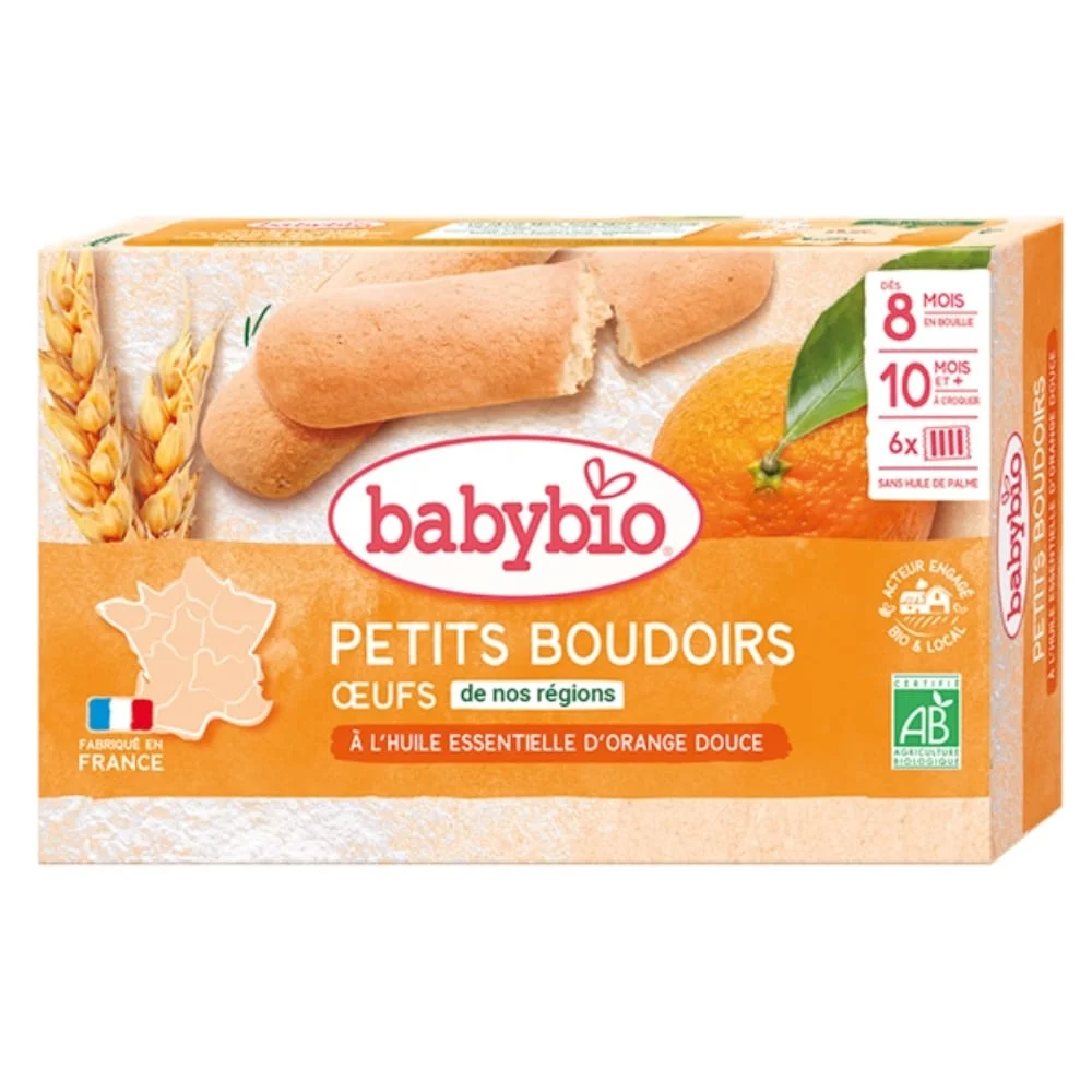 babybio-petits-boudoirs-oeufs-8mois-bio-2x130g.jpg Boîte orange de biscuits Babybio Petits Boudoirs aux œufs, six sachets, certifiée AB