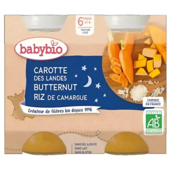 Lot de deux pots Babybio carotte butternut riz recette du soir