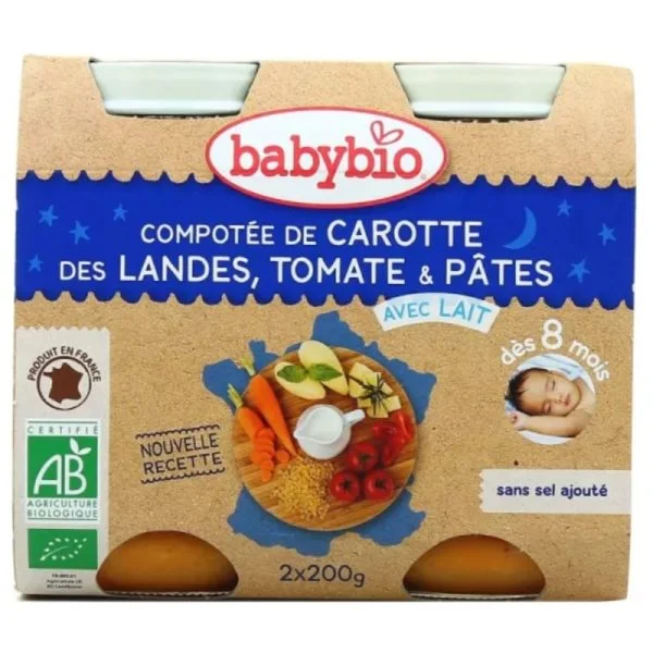 Babybio Pots Bonne Nuit Carotte, Tomate Et Pâtes Avec Lait 8mois+ Bio 2x 200g