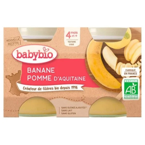 Lot de deux pots Babybio purée banane et pomme d'Aquitaine bio