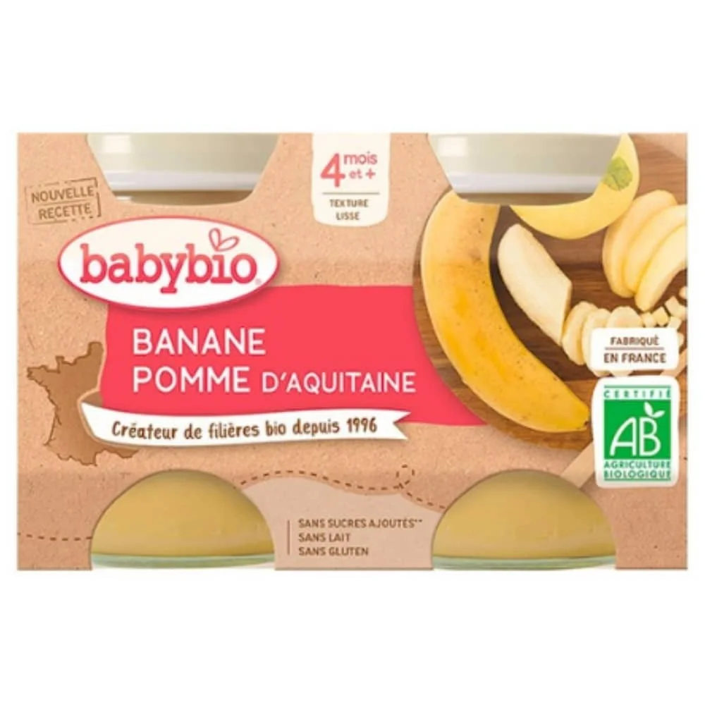 babybio-pots-de-banane-et-pomme-4mois-bio-2x130g.jpg Lot de deux pots Babybio purée banane et pomme d'Aquitaine bio
