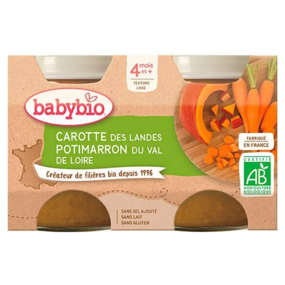 babybio-pots-de-carotte-et-potimarron-4mois-bio-2x130g.jpg Lot de deux pots Babybio purée carotte et potimarron bio