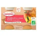 Pack de deux petits pots Babybio mirabelle et pomme, texture lisse, certifié AB