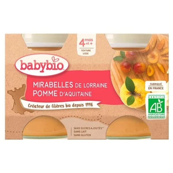 Pack de deux petits pots Babybio mirabelle et pomme, texture lisse, certifié AB