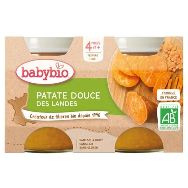 Pack de deux petits pots Babybio patate douce des Landes, texture lisse, certifié AB