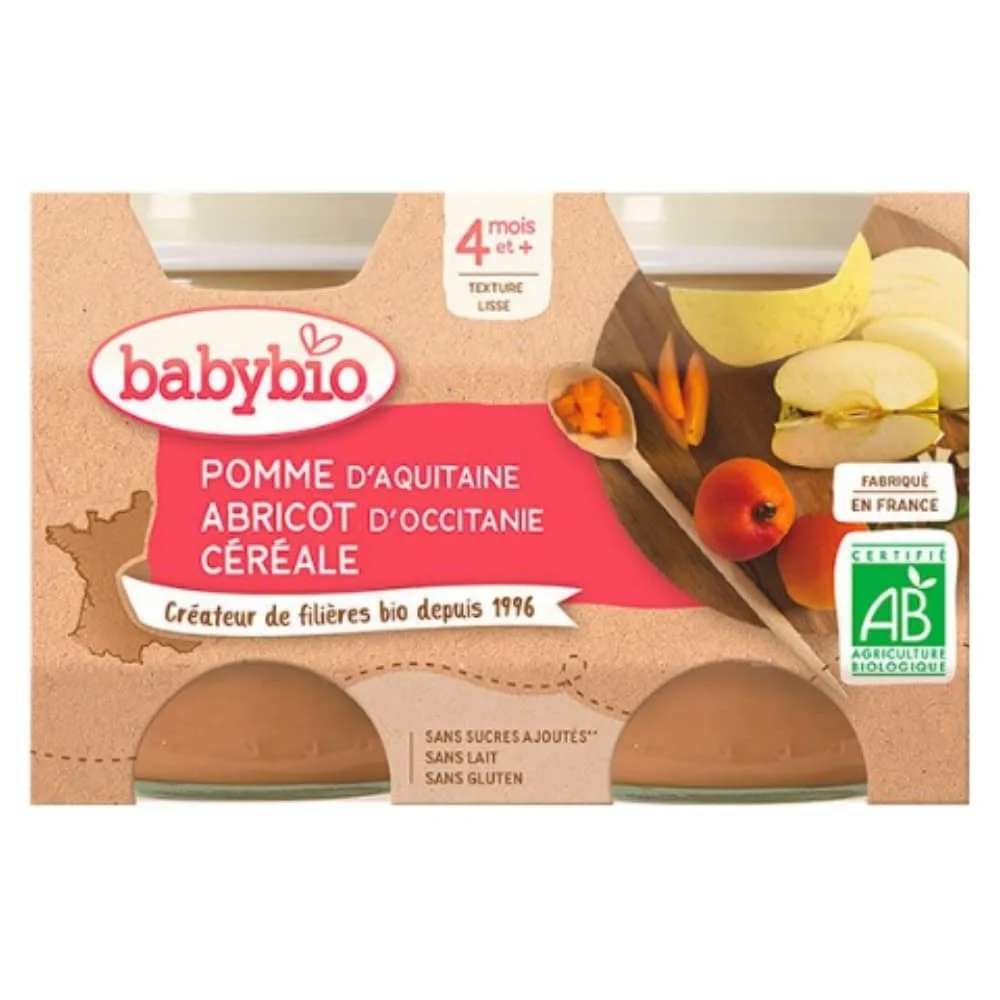 babybio-pots-de-pomme-abricot-et-cereale-4mois-bio-2x130g.jpg Pack de deux petits pots Babybio pomme, abricot et céréale, texture lisse, certifié AB