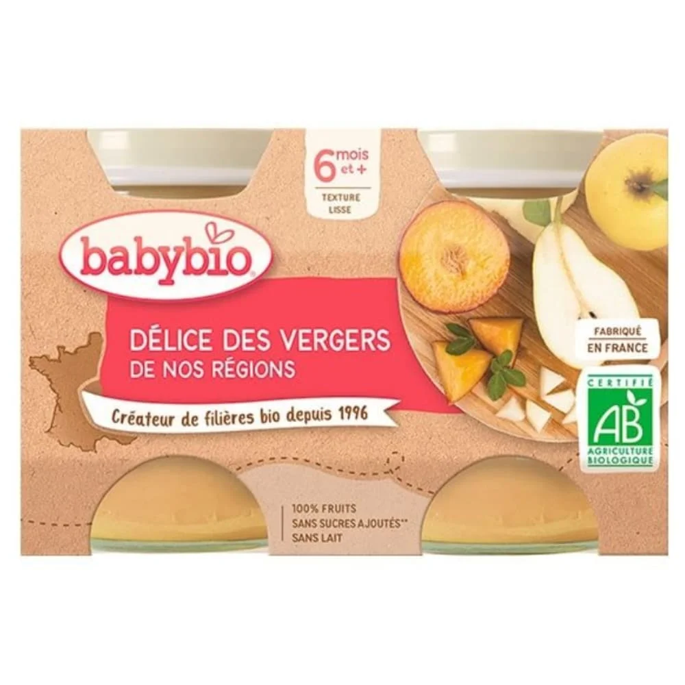 babybio-pots-des-delices-des-vergers-de-nos-regions-6mois-bio-2x130g.jpg Pack de deux petits pots Babybio Délice des Vergers, fruits, texture lisse, certifié AB