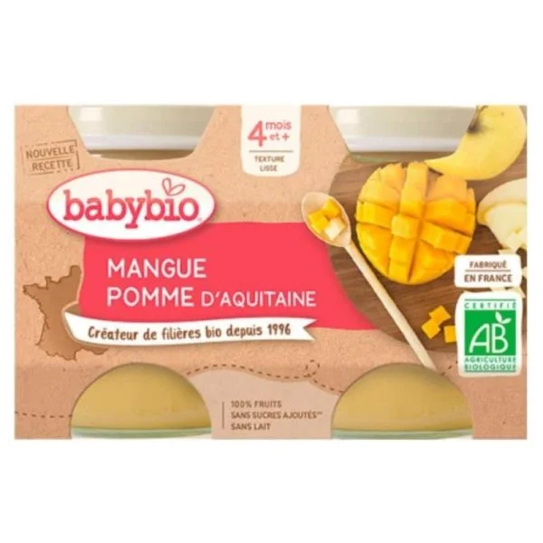Pack de deux petits pots Babybio mangue et pomme, texture lisse, certifié AB