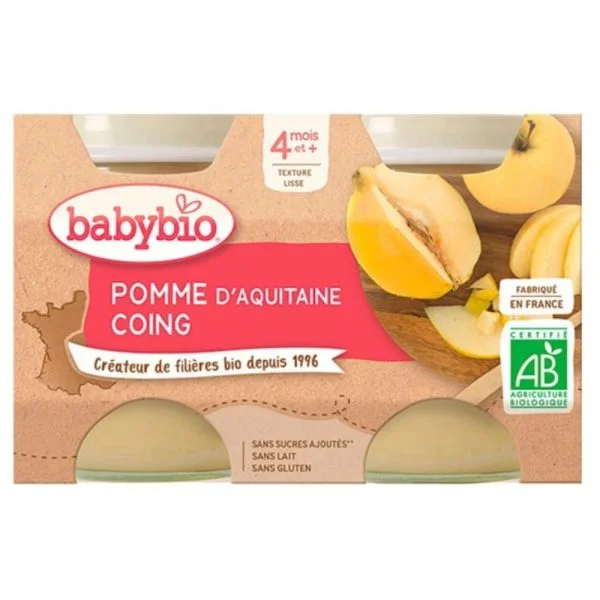 Pack de deux petits pots Babybio pomme et coing, texture lisse, certifié AB