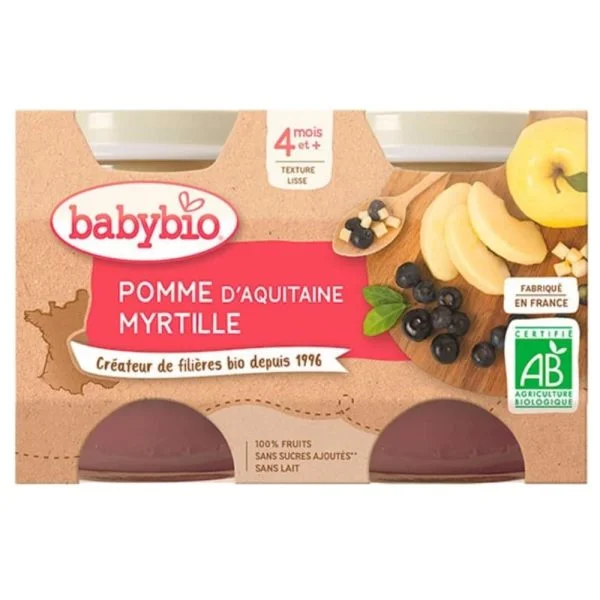 Pack de deux petits pots Babybio pomme et myrtille, purée violette, certifié AB
