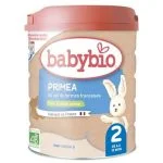 Boîte de lait infantile Babybio Primea 2, couvercle rouge, lapin blanc, certifié AB