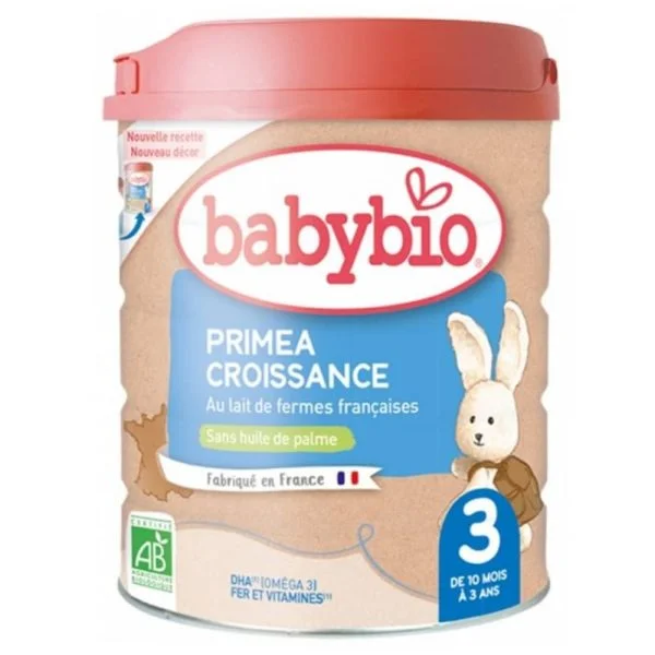 Boîte de lait de croissance Babybio Primea Croissance 3, couvercle rouge, lapin blanc