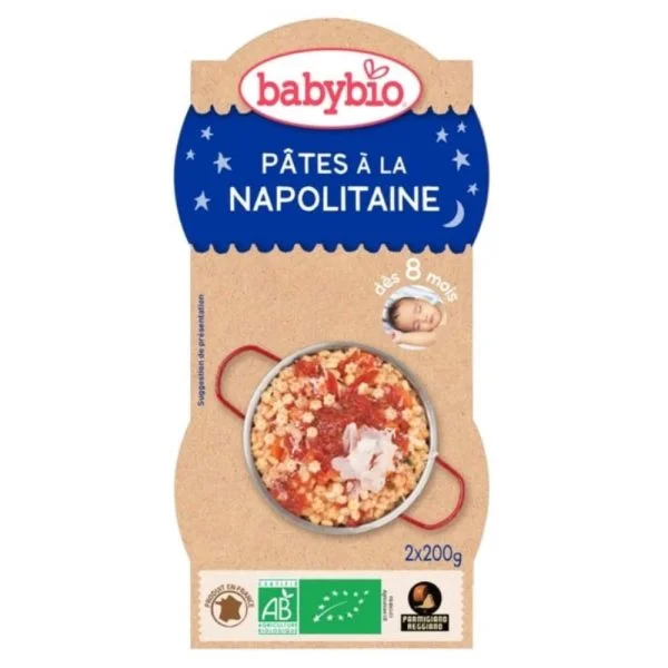 Pack de deux bols Babybio pâtes à la napolitaine, décor nuit bleu, certifié AB