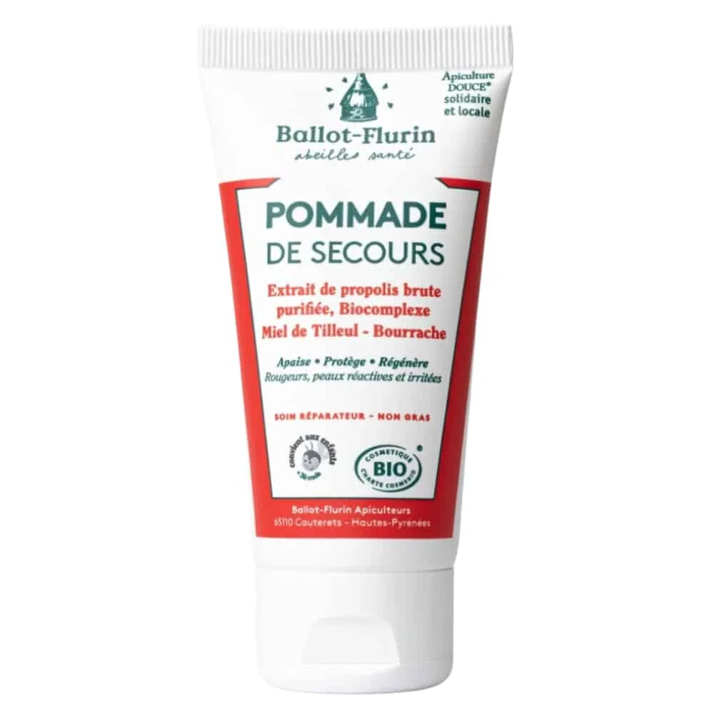 ballot-flurin-pommade-de-secours-bio-50ml.jpg Tube blanc et rouge Ballot-Flurin Pommade de secours bio propolis