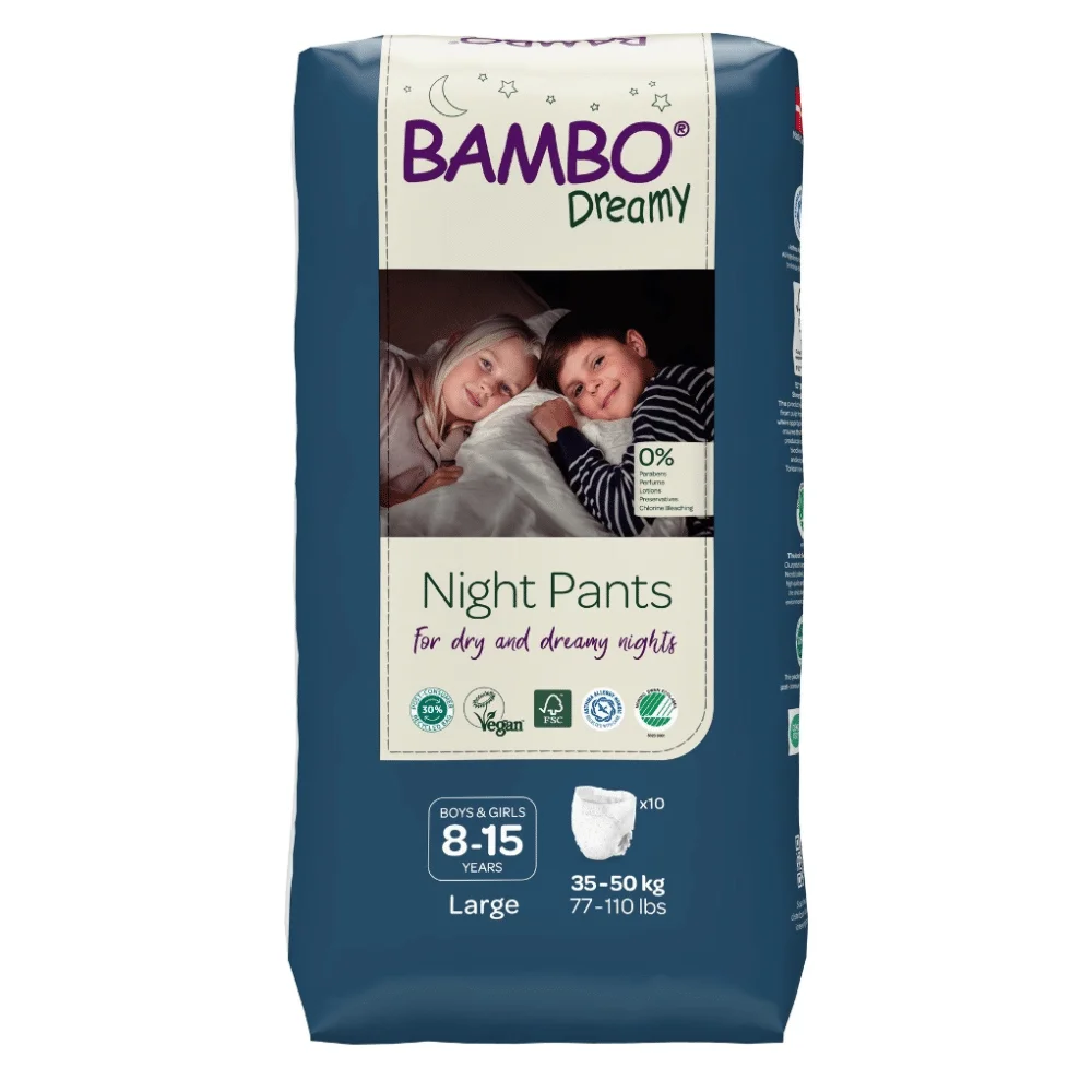bambo-dreamy-night-pants-garcons-et-filles-8-15ans-l-35-50kg-10u.png Paquet bleu nuit Bambo Dreamy Night Pants avec deux enfants au lit