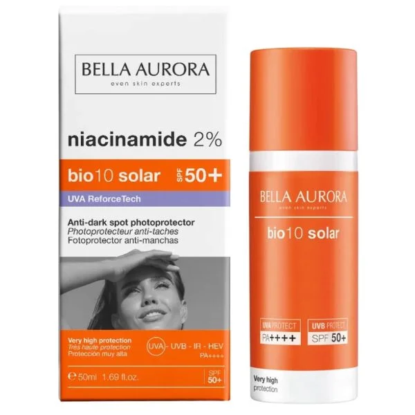 Flacon orange Bio10 Solar Bella Aurora SPF50+ avec boîte niacinamide 2%