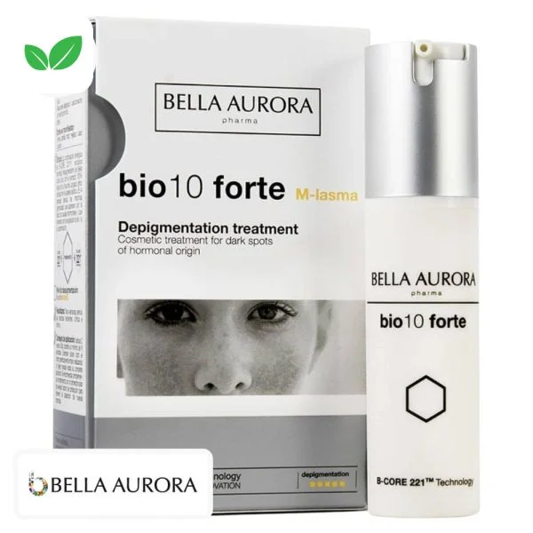 Flacon blanc et argenté Bio10 Forte M-lasma Bella Aurora avec boîte grise