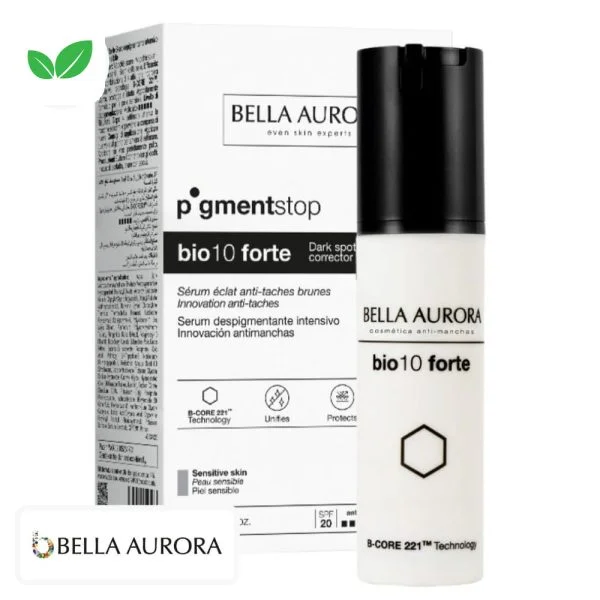 Flacon pompe blanc Pigmentstop Bio10 Forte Bella Aurora, boîte peau sensible