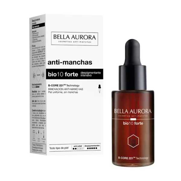 Flacon compte-gouttes ambré Pigmentstop Bio10 Forte Bella Aurora, boîte anti-manchas