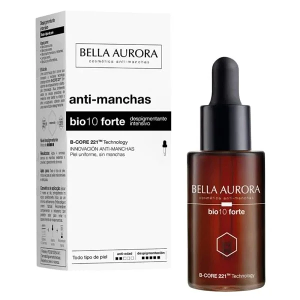 Flacon compte-gouttes ambré Bio10 Forte Bella Aurora avec boîte anti-manchas