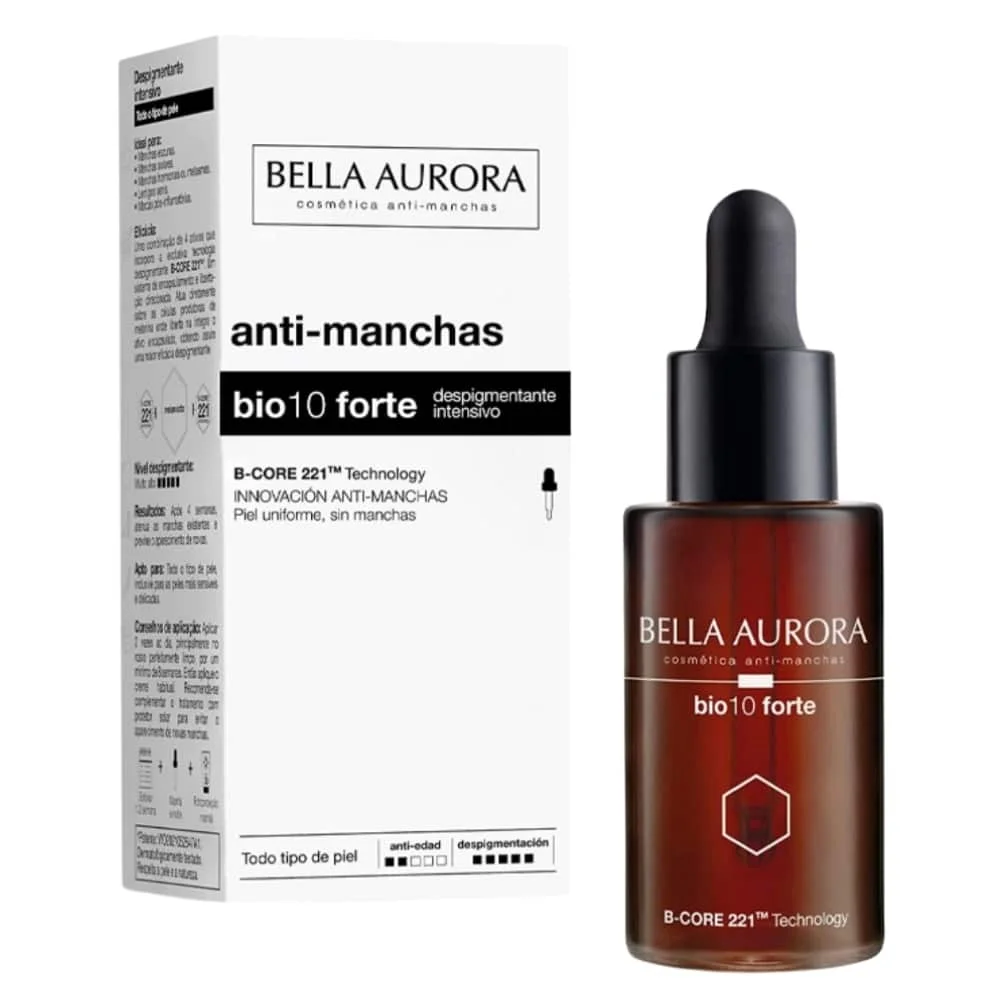 bella-aurora-bio10-forte-serum-anti-taches-30ml.jpg Flacon compte-gouttes ambré Bio10 Forte Bella Aurora avec boîte anti-manchas