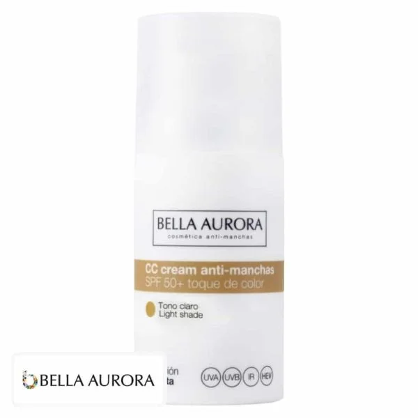 Flacon blanc et doré CC crème Bella Aurora, teinte claire SPF50+