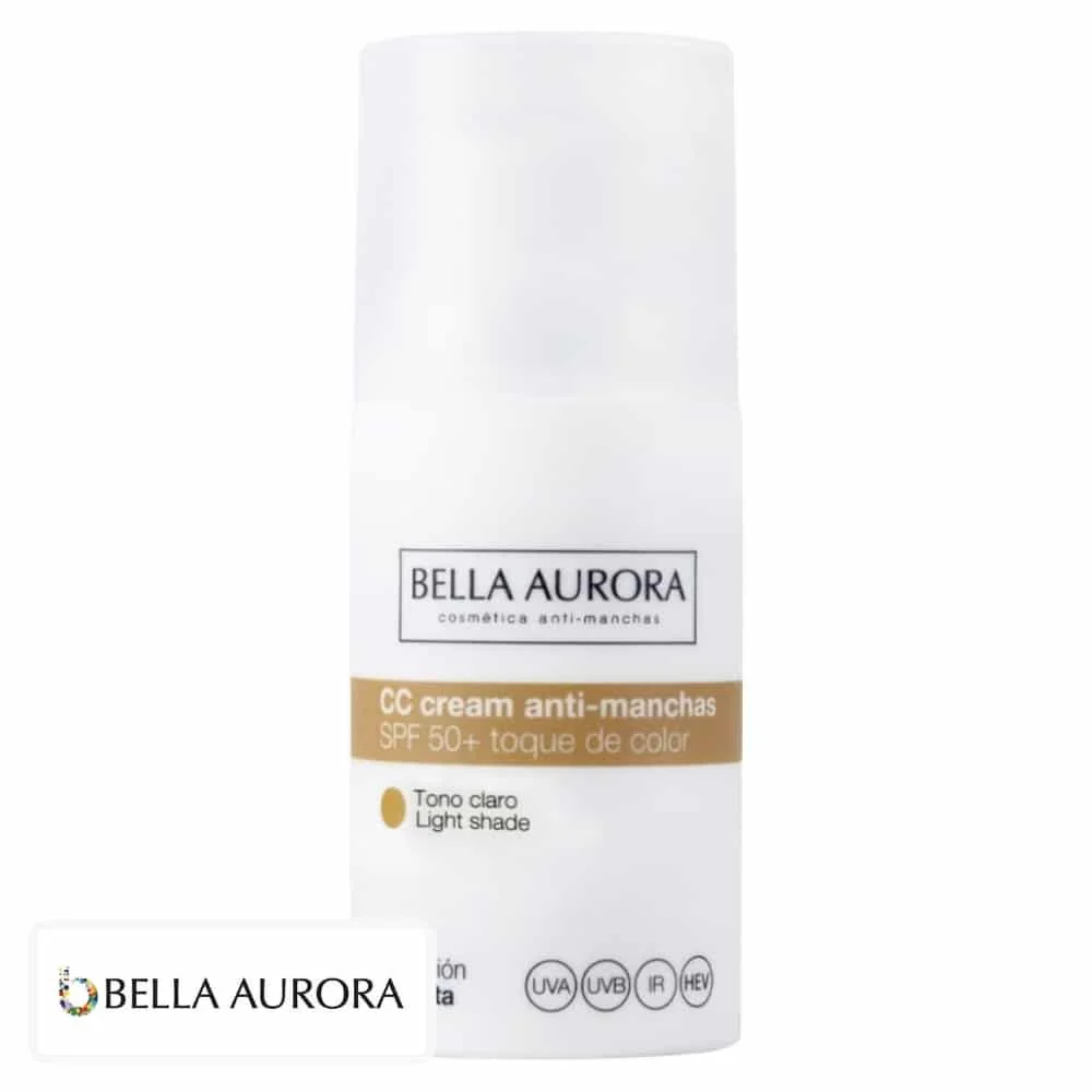 bella-aurora-cc-creme-anti-taches-teinte-clair-spf50-30ml.jpg Flacon blanc et doré CC crème Bella Aurora, teinte claire SPF50+