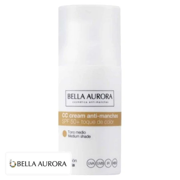 Flacon blanc et doré CC crème Bella Aurora, teinte medium SPF50+