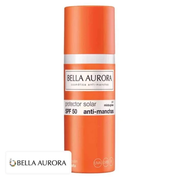 Flacon orange Bella Aurora protecteur solaire SPF50 anti-taches peau mixte à grasse