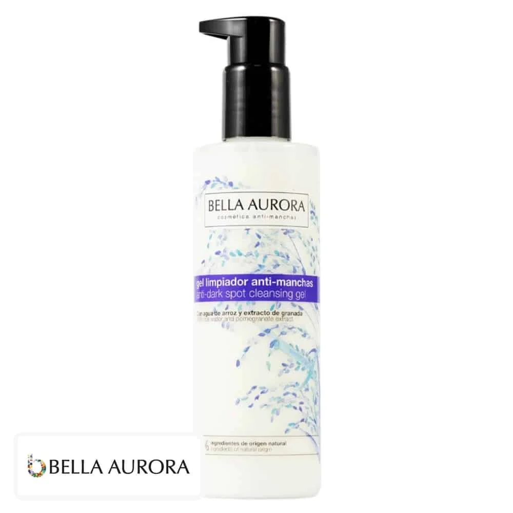 bella-aurora-gel-nettoyant-anti-taches-200ml.jpg Flacon pompe blanc à motifs floraux bleus, gel nettoyant Bella Aurora