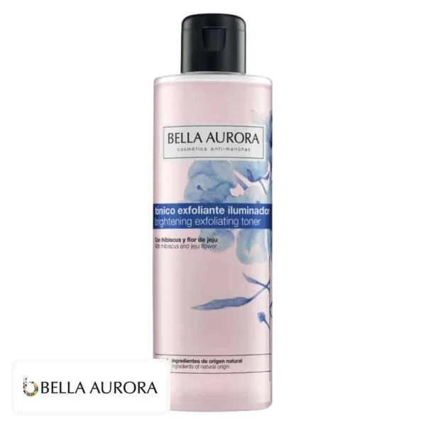 Flacon rose à motifs floraux bleus, lotion tonique exfoliante Bella Aurora