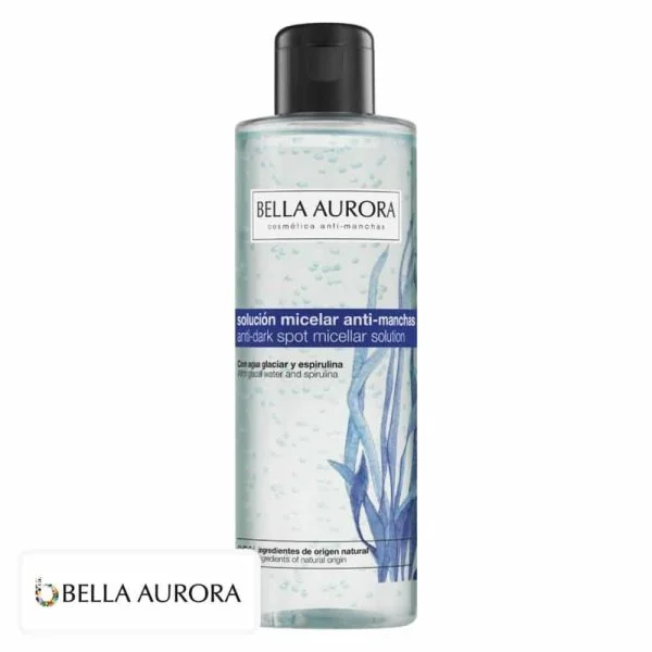 Flacon transparent solution micellaire Bella Aurora avec motif algues bleues