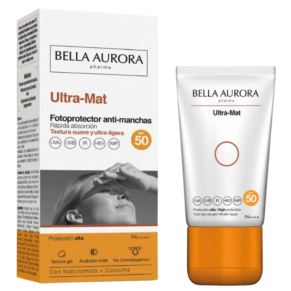 bella-aurora-ultra-mat-creme-solaire-anti-taches-spf50-50ml.jpg Tube blanc et flacon orange Ultra-Mat Bella Aurora SPF50 anti-taches