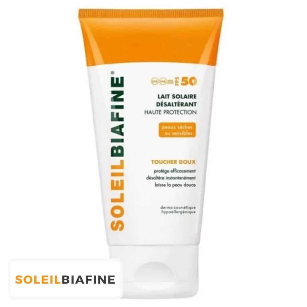 biafine-soleilbiafine-lait-solaire-desalterant-spf50-150ml.jpg Tube blanc et orange SoleilBiafine lait solaire FPS 50 haute protection