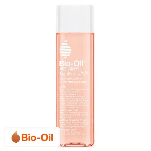 Flacon rose Bio-Oil Skincare Oil 125ml avec logo goutte orange