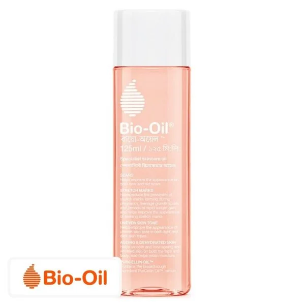 Flacon rose Bio-Oil huile de soin avec bouchon blanc et étiquette détaillée