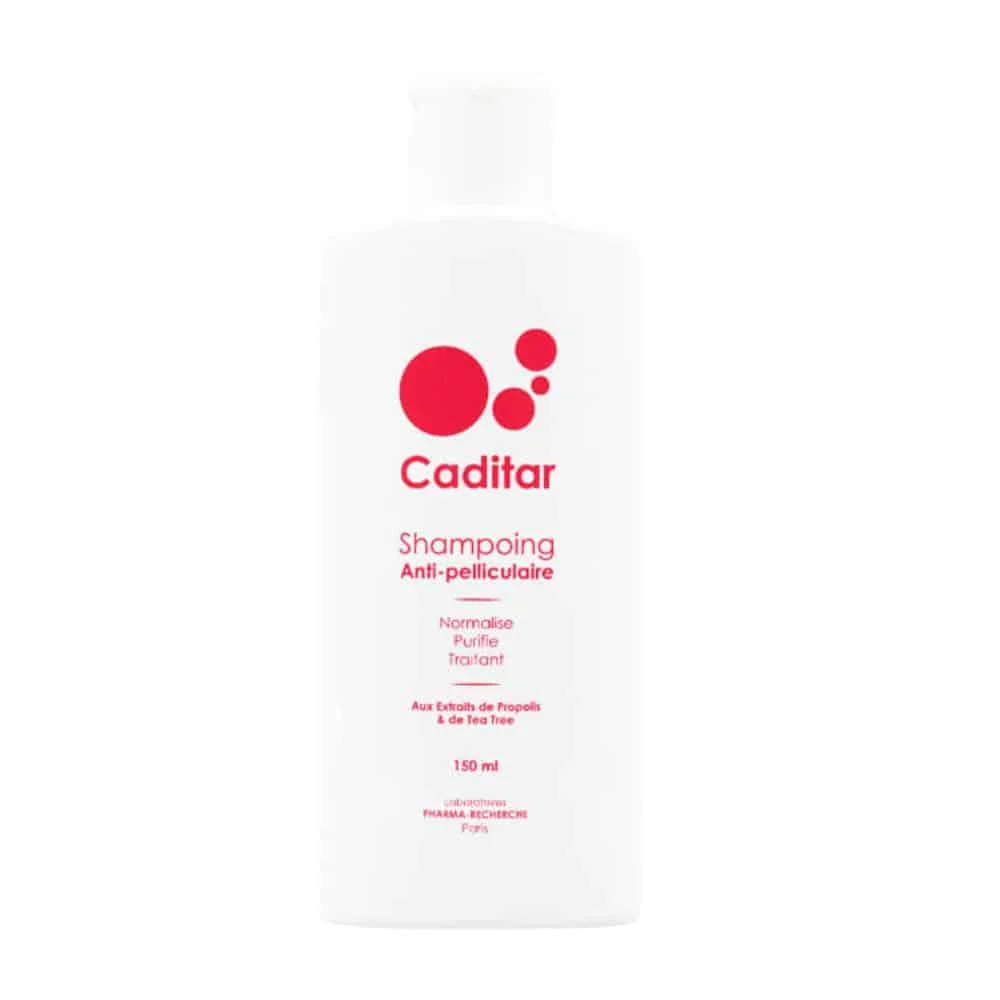 bio-recherche-caditar-shampoing-anti-pelliculaire-150ml.jpg Flacon blanc à inscriptions rouges de shampooing antipelliculaire Caditar 150 ml
