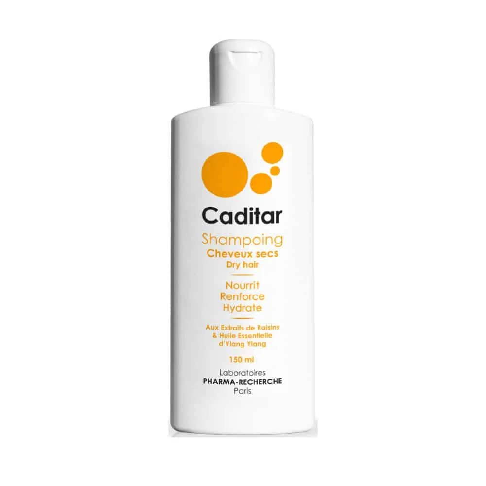 bio-recherche-caditar-shampoing-cheveux-secs-150ml.jpg Flacon blanc à inscriptions orange de shampooing cheveux secs Caditar 150 ml