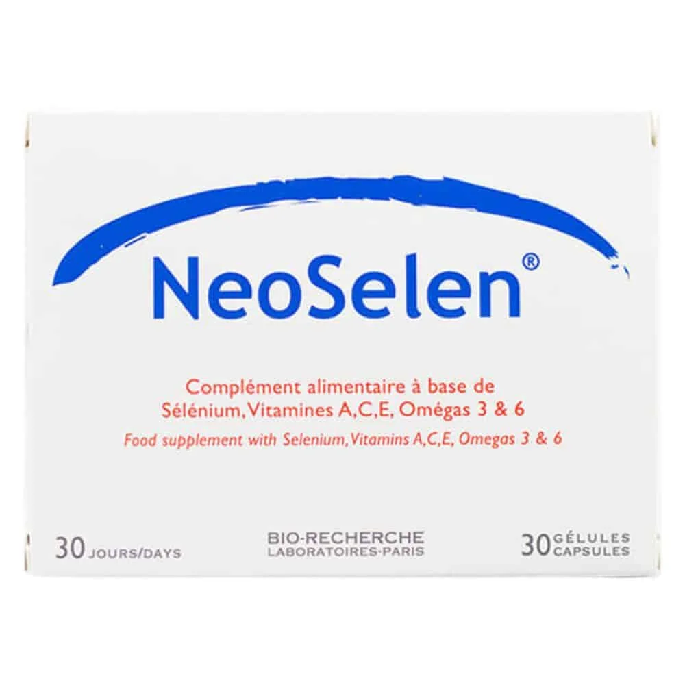 bio-recherche-neoselen-selenium-vitamine-ace-omegas-3et6-30-gelules.jpg Boîte blanche NeoSelen Bio-Recherche 30 gélules avec bandeau bleu