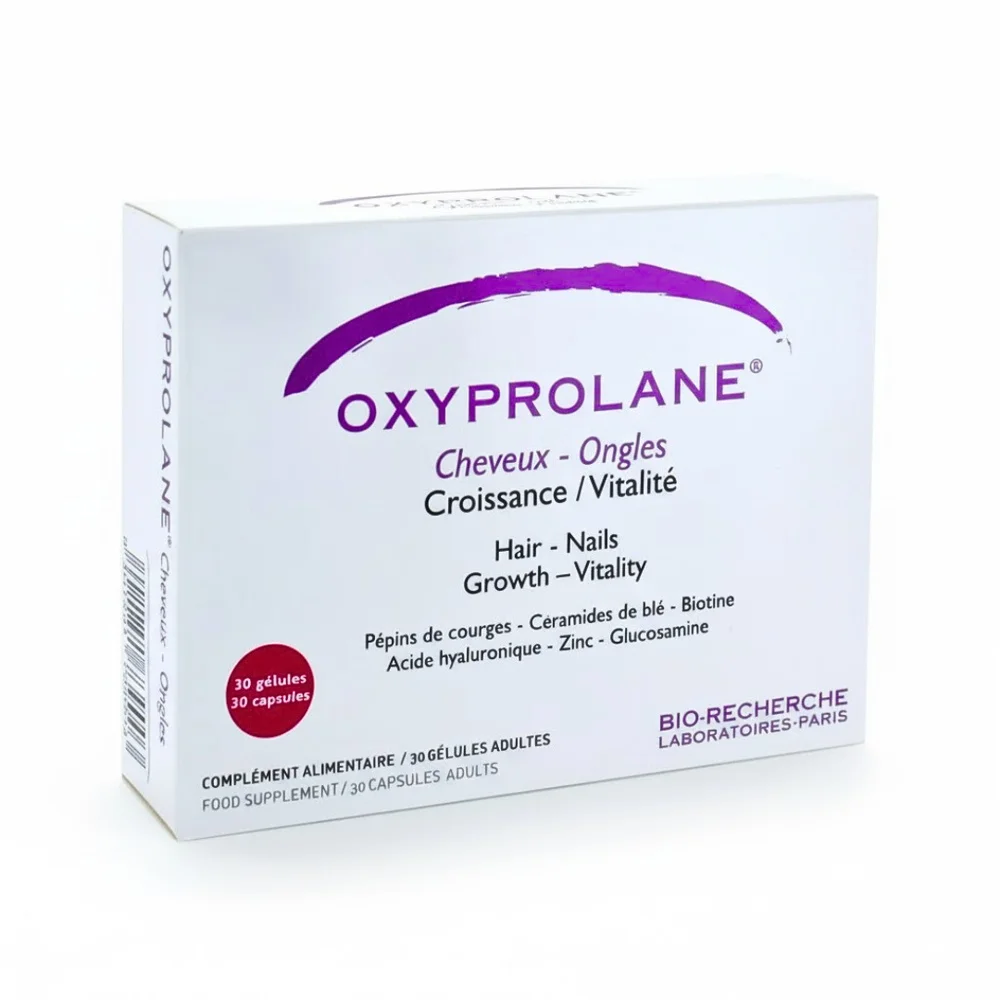 bio-recherche-oxyprolane-cheveux-et-ongles-30-gelules.jpg Boîte blanche Oxyprolane Cheveux-Ongles 30 gélules avec bandeau violet