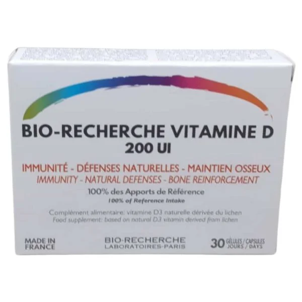 Boîte blanche Bio-Recherche Vitamine D 200 UI 30 gélules, bandeau multicolore