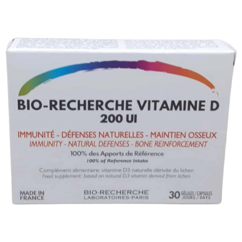 bio-recherche-vitamine-d-200-ui-immunite-defenses-naturelles-et-maintien-osseux-30-gelules.jpg Boîte blanche Bio-Recherche Vitamine D 200 UI 30 gélules, bandeau multicolore