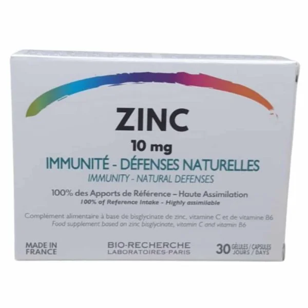 Boîte blanche Bio-Recherche Zinc 10 mg 30 gélules, bandeau multicolore