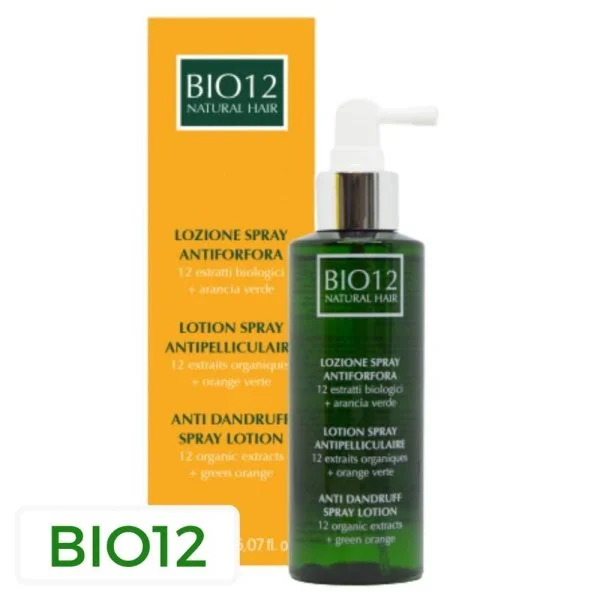 Flacon spray vert Bio12 lotion antipelliculaire 150 ml et étui orange