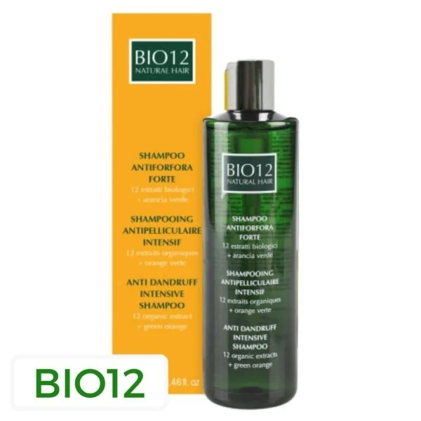 Flacon vert Bio12 shampooing antipelliculaire intensif 250 ml et étui orange